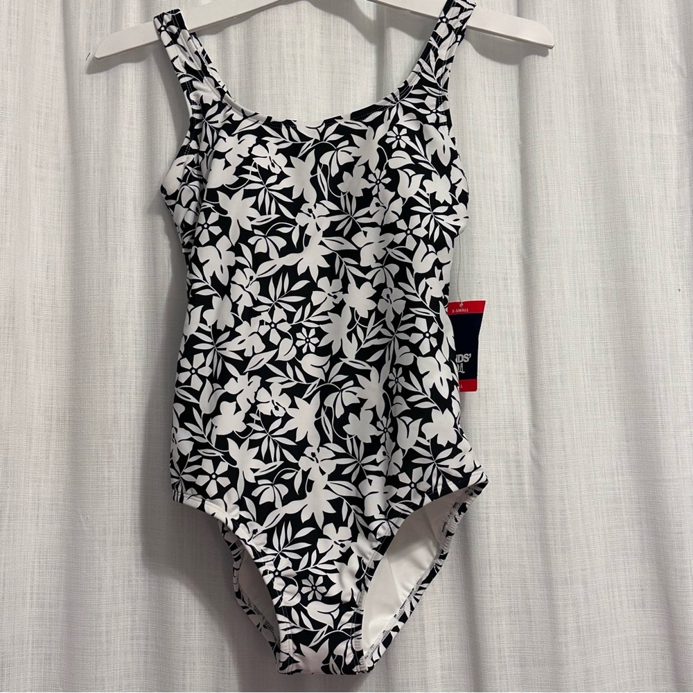 Lands' End Black and White Floral One Piece Swimsuit